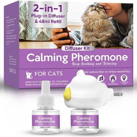 Picture of Cat Pheromones Calming Diffuser, Cat Calming Diffuser Starter Kit with Diffuser Head and 2pcs 48ml Vial, Efficient Relieve Anxiety Stress, 60 Days Use