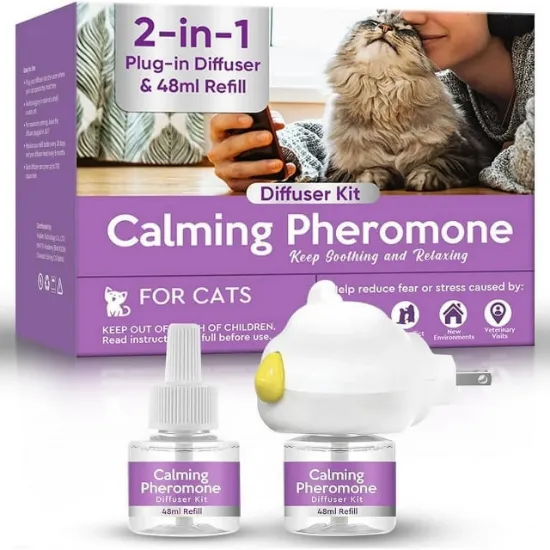Picture of Cat Pheromones Calming Diffuser, Cat Calming Diffuser Starter Kit with Diffuser Head and 2pcs 48ml Vial, Efficient Relieve Anxiety Stress, 60 Days Use